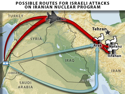 potencijalne rute napada Izrael - Iran
